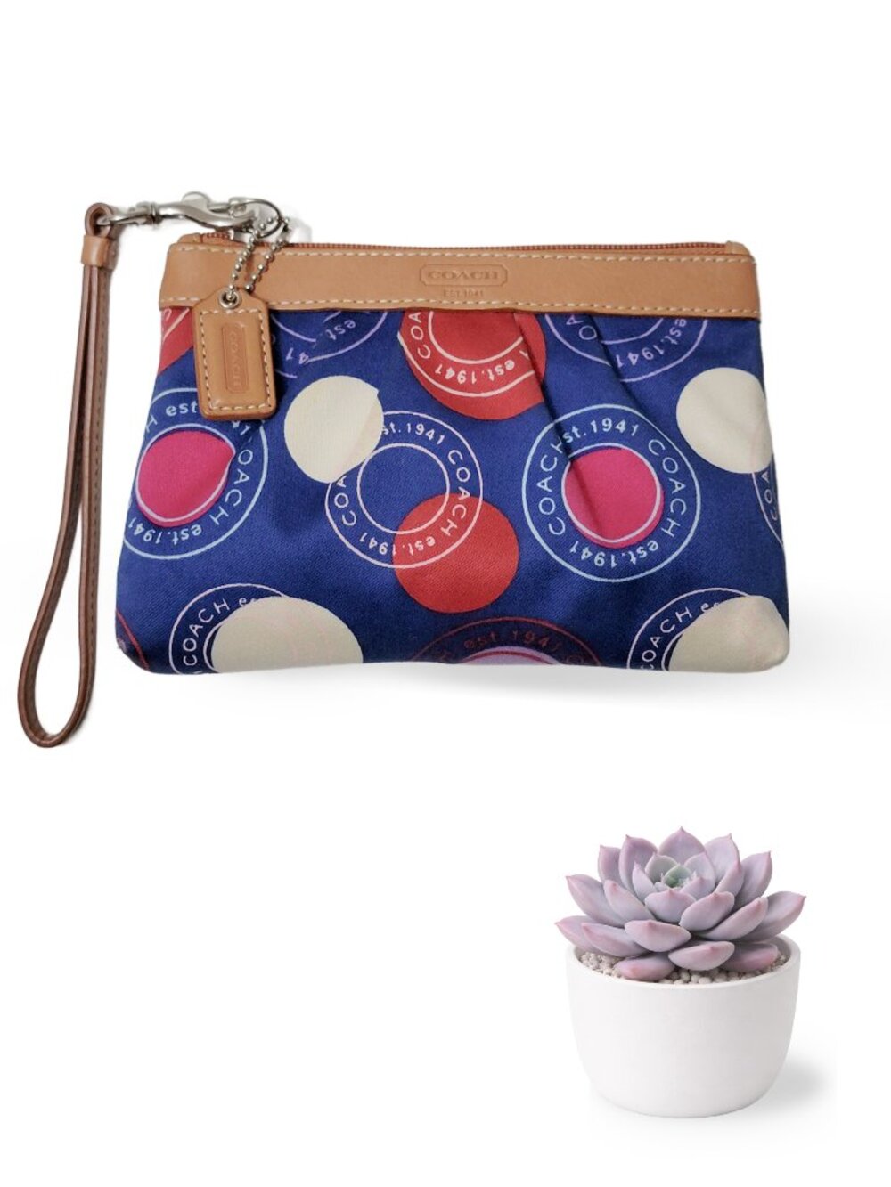 Coach Snap Print Wristlet Blue Red White Canvas Leather Trim Small Pouch Y2K